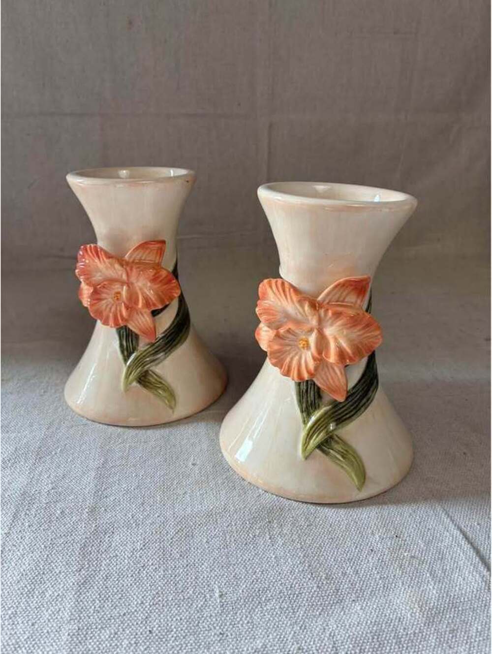 Pair of Ceramic Floral gladiolus Candle Holders